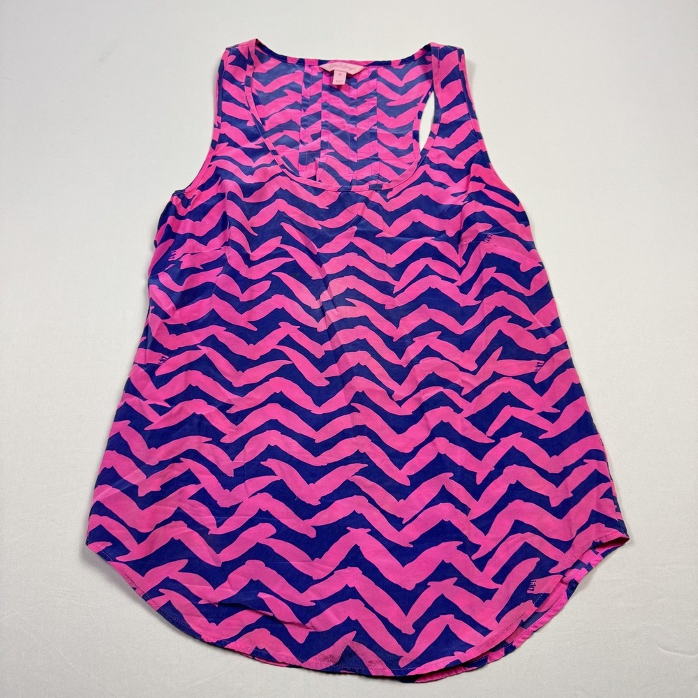 Lilly Pulitzer Tank Top Womens Medium Pink Purple Zig Zag Silk Sleeveless Blouse